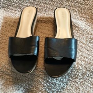 Women’s size 14M Black leather cork wedge sandals 9West